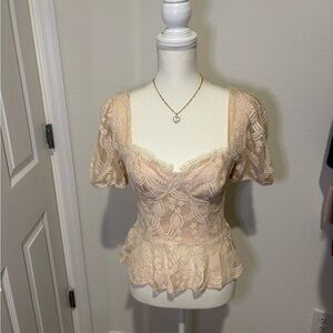 Haute Monde Lace Peplum Blouse - Beige